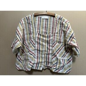 CANNISSE 100% Linen Square Neck Boxy Top Sz M Striped Boho Lagenlook Pockets